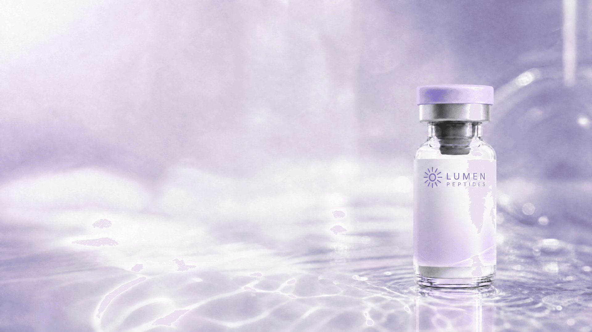 Lumen Peptides research vial in frosted violet light