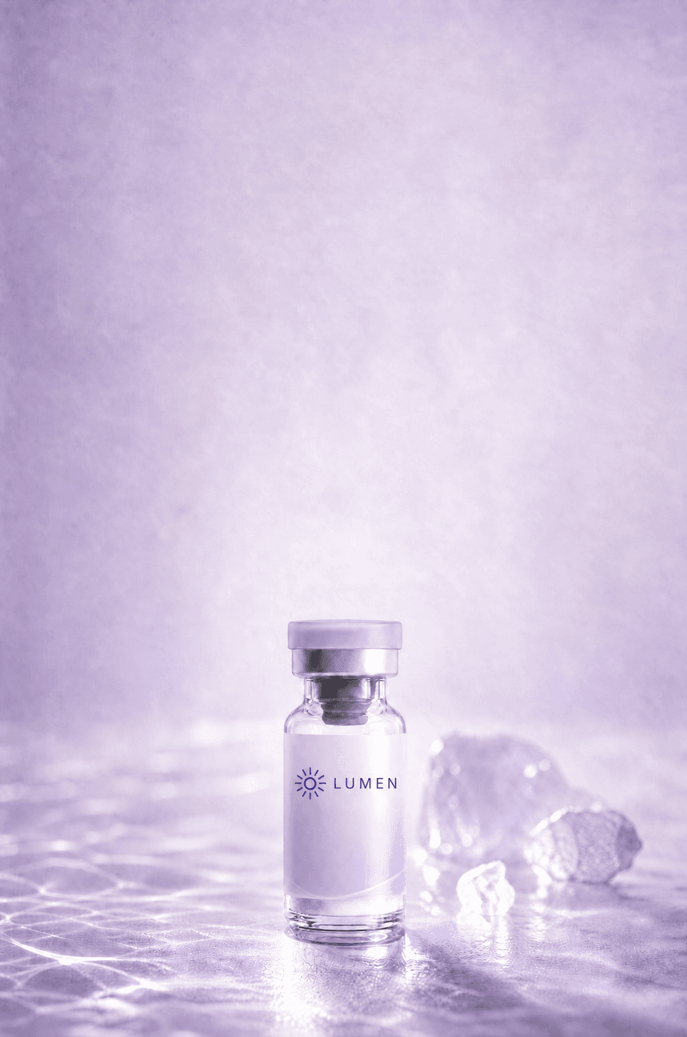 Lumen Peptides research vial in frosted violet light